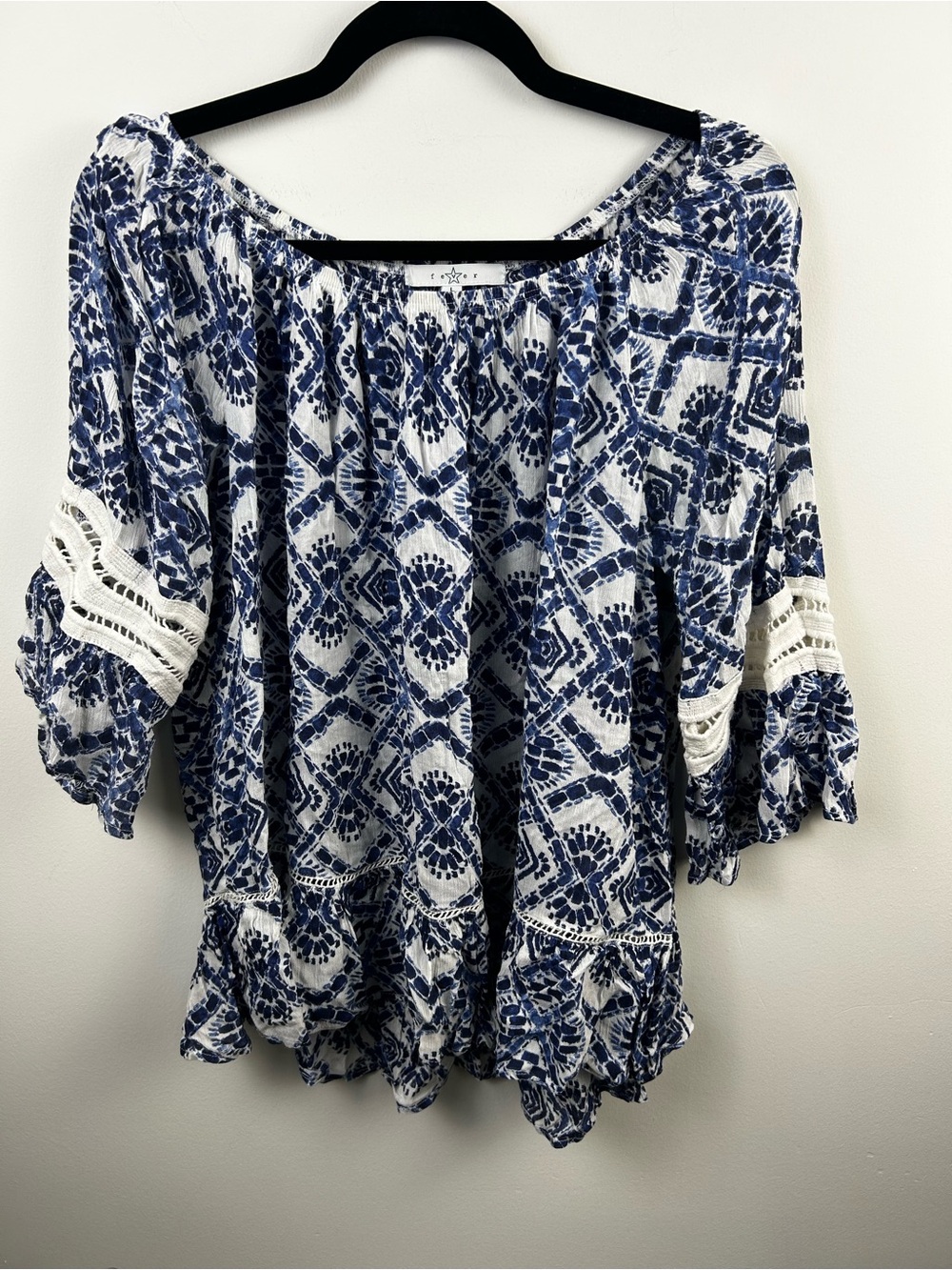 Fever Navy and White Boho Printed Peasant Blouse